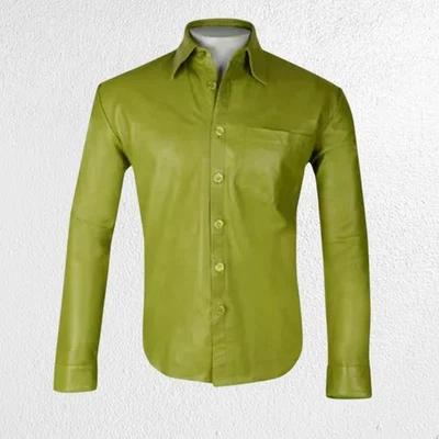 Estilo Cool Fit: Nueva camisa de cuero de piel de cordero verde para hombre para looks cotidianos Foto 1 de 4