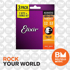 3 Pack Elixir 16545 Acoustic Guitar Strings Nanoweb Light 12-53 Phosphor Bronze