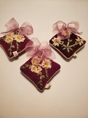 Vtg Floral RIbbon Embroidered Miniature Velour Pillow Ornaments/Brown Purple - Image 1 of 4