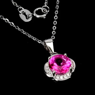 Collana In Argento Sterling 925 Con Topazio Rosa Rotondo Gemma 7Mm Gioielli - Immagine 1 di 4
