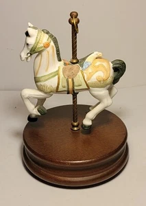 Musical Carousel Horse Porcelain Wood Base Music Box Brass Pole - Picture 1 of 4