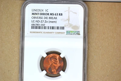 Lincoln Cent Mint Error- Obverse Die Break- NGC MS-63 RB. LC-ND-27-Zn.  Awesome! - Image 1 of 4