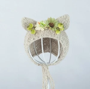 Handmade Flower Bonnet Ear Hat for Newborn Baby Girl Photo Prop Photography - Picture 1 of 1