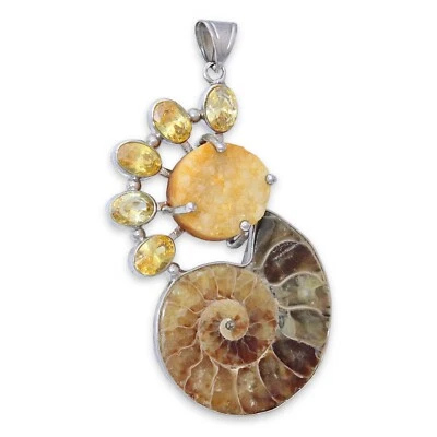 Collar colgante Estate amarillo druzy cuarzo y fósil de amonita plateado Foto 1 de 4