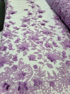 3d Lace Lavender Embroidery Pearls 3d Floral Fabric By The Yard Prom BRIDAL DRES - Picture 1 of 12