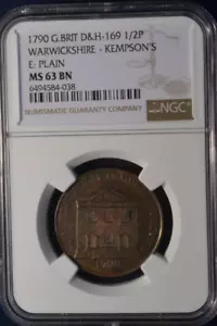 1790s Warwickshire 1/2 Penny Conder Token D&H-169 NGC MS 63 BN - Picture 1 of 2