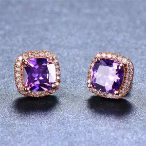 2ct Lab-Created Purple Amethyst Halo Solitaire Stud Earrings 14k RoseGold Plated - Picture 1 of 4