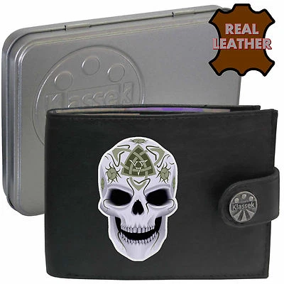 Skull Wallet Celtic REAL LEATHER Death Celt Pagan Candy Skull Men Gift Tin RFID - Image 1 of 4