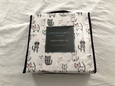 Juego de sábanas Cynthia Rowley gatos San Valentín REINA gatito corazones rojos lazos gafas Foto 1 de 4