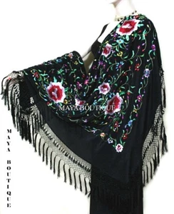 Embroidered Silk Piano Shawl Wrap Flamenco Roses Black Fringe 61" Maya Matazaro - Picture 1 of 12