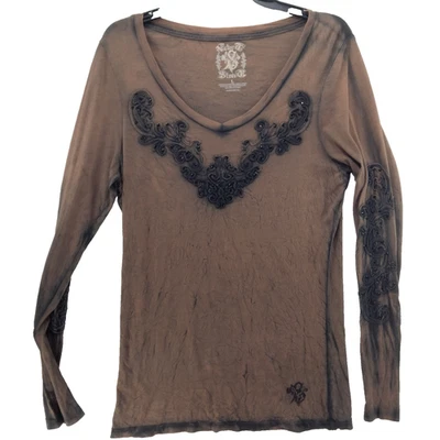 Velvet & Stone Mujer Camiseta Marrón Grande Lentejuelas Gráfico Algodón Gótico EE. UU. Foto 1 de 4
