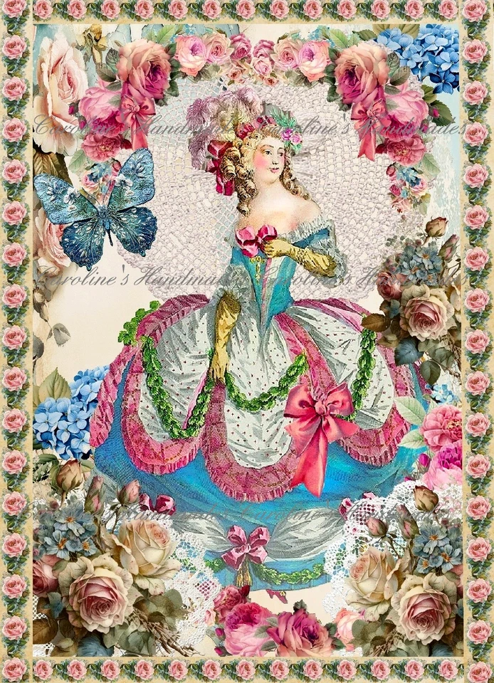 Marie Antoinette Roses Pink & Blue Designer Cotton Fabric Quilt Block Multi-size - Image 1 of 1
