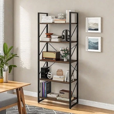 5 Tier Bookshelf, 62" Industrial Open Bookcase Storage Organizer,Brown - Image 1 of 4