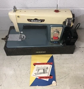 Vintage Morse Sewing Machine Photo Stitch Dial Push Button Reverse Blue White - Picture 1 of 8