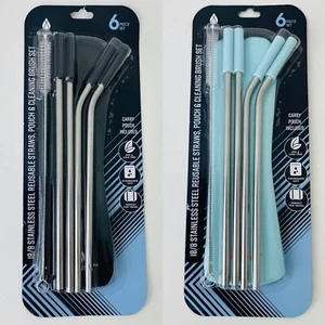 Set of 6  Stainless Steel Reusable Straw Pouch & Cleaning Brush Set BLACK/ TEAL - Picture 1 of 11