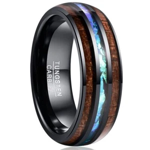 8mm Tungsten Carbide Men's Ring Locust Wood Opal Black Engagement Wedding Band - Picture 1 of 1