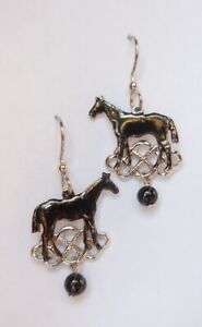 New Silver Forest Black Horse with Bead Dangle Earrings Surgical Steel