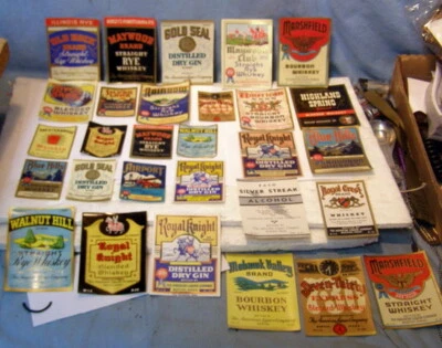 ** FREE SHIPPING - Lot of 29 Diff -- MINT, New Old Stock - 1940's WHISKEY LABELS - Image 1 of 4
