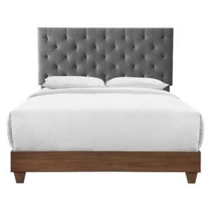 Pemberly Row Diamond Tufted Upholstered Fabric Wood Queen Bed in Walnut/Gray - Picture 1 of 5