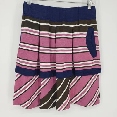 Anthropologie Maeve Striped Skirt 4 Tiered A Line Short Flounce Pink Navy Blue - Image 1 of 4