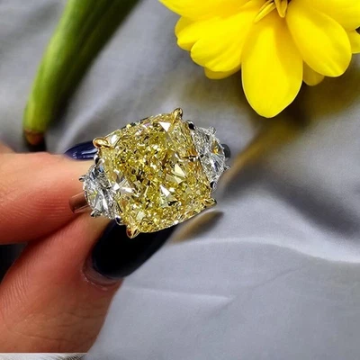 3CT Cushion Lab Grown Fancy Vivid Yellow & Diamond For Her Classic Ring 18k Gold - Image 1 of 4