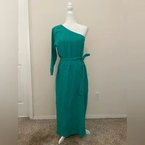Nuevo con etiquetas Vestido Monrow Verde Azulado Algodón Gasa Un Hombro MIDI Talla S Orgánico Verano Boda - Imagen 1 de 13