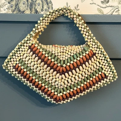 Suzanne Beaded Handbag Vintage 60s Boho Bead Purse Czechoslovakia Striped - Image 1 of 4