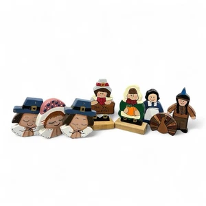 Vtg Lot Of 8 Wood Hand Painted Pilgrim Figurines Thanksgiving Table Decor Rustic - Picture 1 of 7