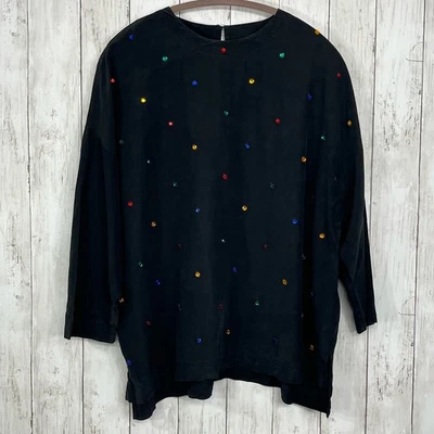 Blusa Camisa Mediana Vintage Negra Seda Manga 3/4 Arco Iris Lunares Piedras Foto 1 de 4