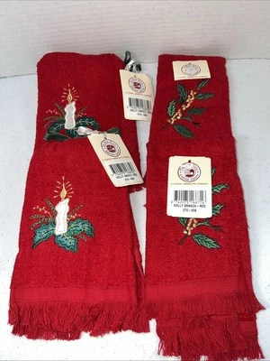Christmas Fringe Embroidered Fingertip Hand Towels Vtg Lot Of 4 Cannon Cotton - Image 1 of 4