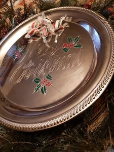 BANDEJA REDONDA VINTAGE 'FELIZ NAVIDAD' plateada 12 1/4'', diseño acebo - Imagen 1 de 10