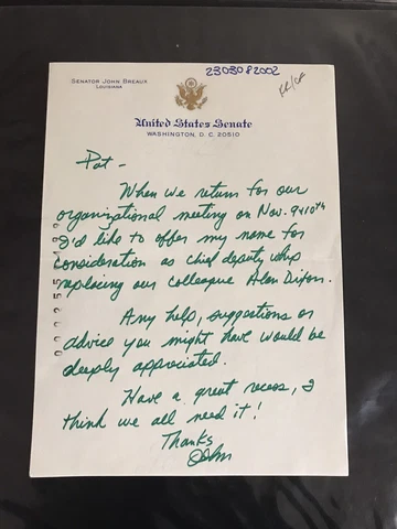 Senator John Breaux Autograph Letter Signed - To NY Senator Daniel P. Moynihan Cover