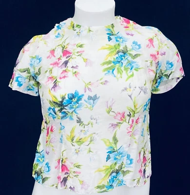 Blusa de seda branca vintage década de 1950, rosa turquesa floral manga curta verão M G - Imagem 1 de 4