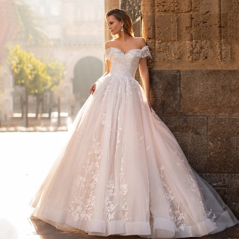 Gorgeous Off Shoulder Ball Gown Wedding Dress Lace Glitter Tulle Sweetheart - Image 1 of 4