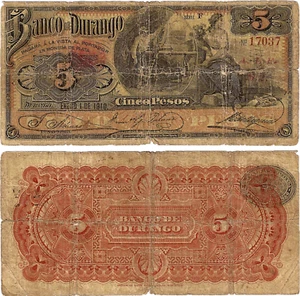 Mexico, 5 Pesos, Banco de Durango, 1-1-1910, Series F, S/N 17037, S-273c - Picture 1 of 1