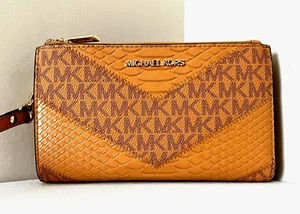 New Michael Kors Jet Set Travel Double Zip Wristlet Wallet Leather Croc Cider - Picture 1 of 4