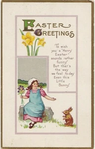 Postcard Easter Greetings Dutch Girl Flowers Bunny Poem Unposted Stecher  - Picture 1 of 2