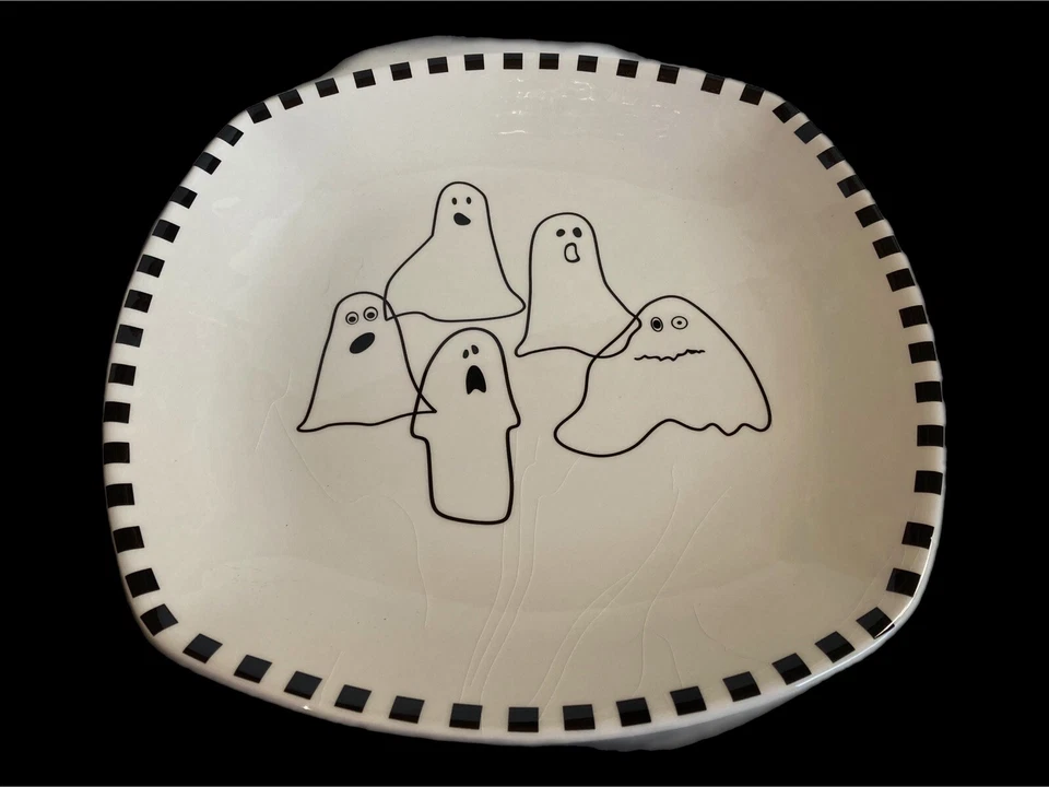 Tag Halloween ceramic ghost platter 5 ghosts black & white "tile" border 12" - Image 1 of 4