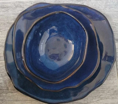 Bezelline Reactive Glaze Stoneware Dinnerware 3 Piece Place Setting Royal Blue A - Image 1 of 4