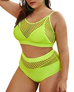 Womens Splice Fishnet Cami Top & High Waist Bikini Set Neon Green NWOT Size 0XL - Picture 1 of 16