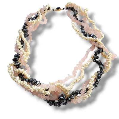 Pearl Rose Quartz Pink Hematite Necklace Choker beaded 14K Yellow Gold Filled - Image 1 of 4