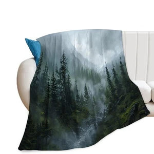 Forest Blanket Misty Mountain Tree Throw Blanket Cozy Plush Fleece Flannel Gr... - Picture 1 of 6