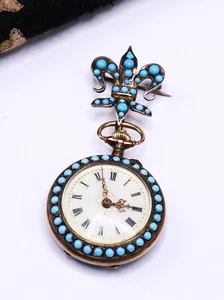 Antique Swiss gold filled silver & small glass turquoise w French Feur De lis p - Picture 1 of 16