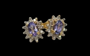 Solid 14K Yellow Gold 0.75 CTW Oval Tanzanite & Diamond Halo Stud Earrings - Picture 1 of 8