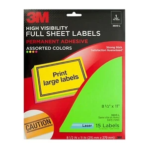 Etiquetas de hoja completa de alta visibilidad 3M 8,5 x 11 colores surtidos láser 15Pk 3600-L - Imagen 1 de 2