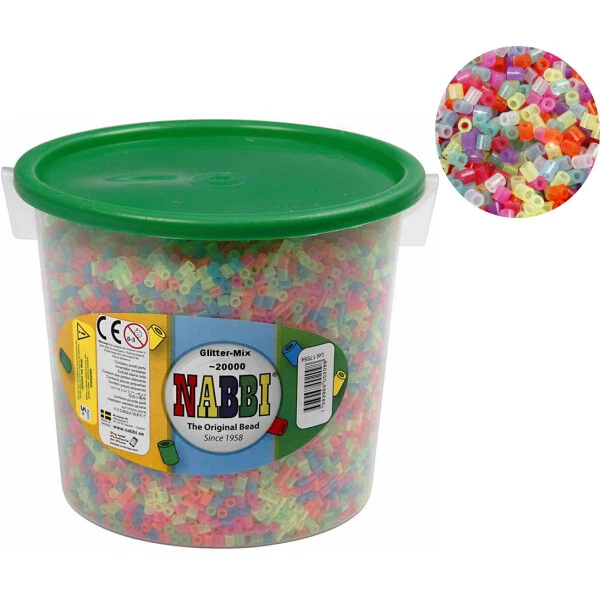 CREATIV COMPANY Nabbi® Bügelperlen Glitter im Eimer mit ca. 20000 Stück 5 mm Perlen bügeln