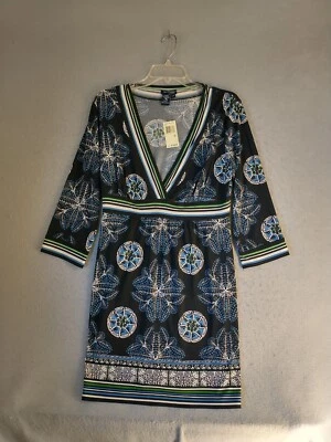 Max Edition Womens Dress LP Petite Black Blue Floral V Neck 3/4 Sleeve Pullover - Image 1 of 4