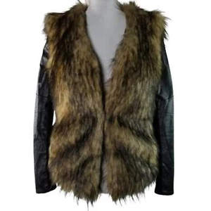 Bardot Fur Leather Long Sleeves Jacket Coat Black Tan Hook Eye Size 6 - Picture 1 of 13