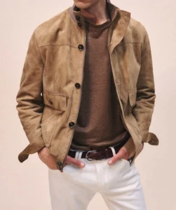 Tan Bomber Leather Jacket Men Pure Suede Custom Made Size S M L XXL 3XL - Picture 1 of 6