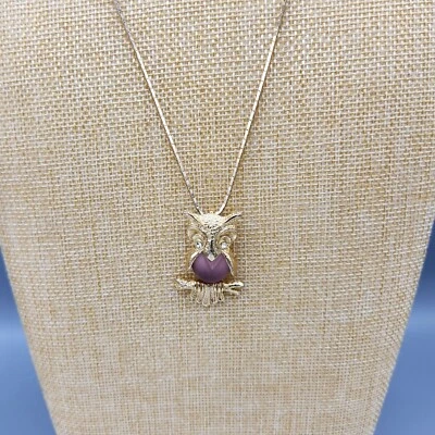 Collar de cadena colgante búho tono dorado cristal moldeado púrpura vintage 24" Foto 1 de 4